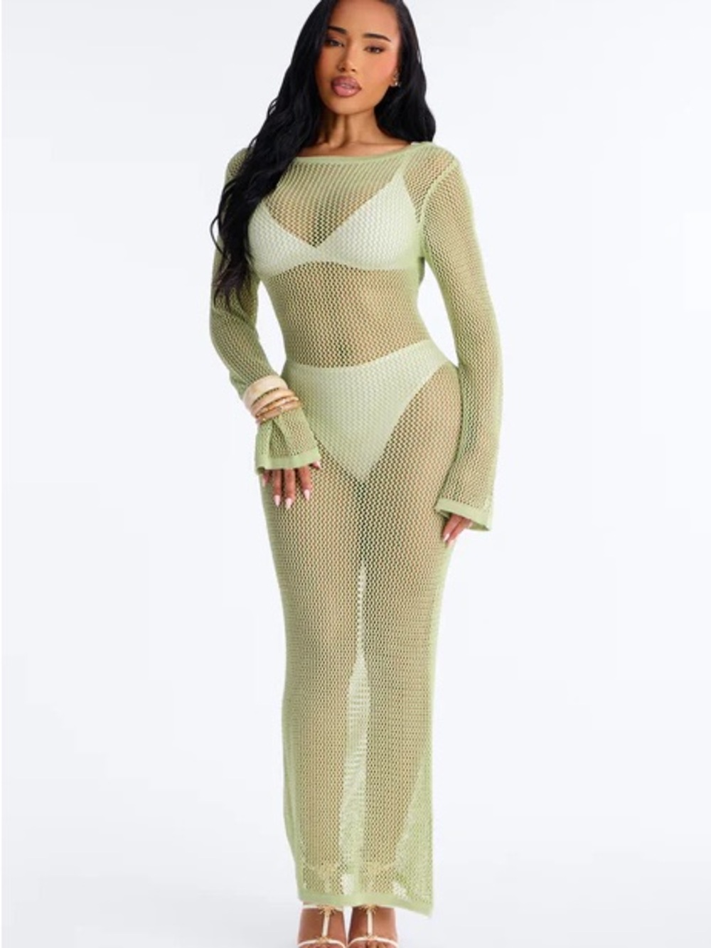 Fashion Nova Light Green Sheer Knit Swim Coverup Maxi